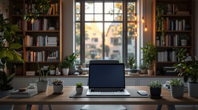 Gemütliches Homeoffice mit Bücherregalen, warmer Beleuchtung und Sukkulenten auf dem Schreibtisch