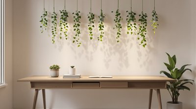 Minimalistischer Bürobereich mit hängenden Efeupflanzen und einem schlanken Holzschreibtisch