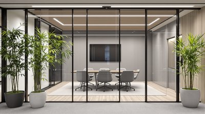 Moderner Besprechungsraum im Büro mit Glaswänden, neutralen Tönen und bodenständigen Bambuspflanzen