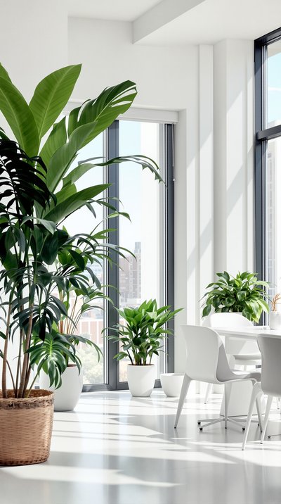 Helles Bürointerieur mit großen Fenstern, weißen Möbeln und Topffarnen