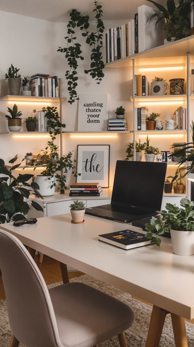 Gemütliches Homeoffice mit Bücherregalen, warmer Beleuchtung und Sukkulenten auf dem Schreibtisch