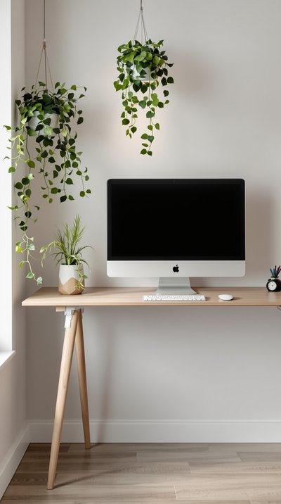 Minimalistischer Bürobereich mit hängenden Efeupflanzen und einem schlanken Holzschreibtisch