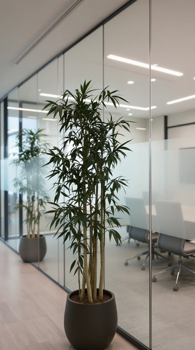 Moderner Besprechungsraum im Büro mit Glaswänden, neutralen Tönen und bodenständigen Bambuspflanzen