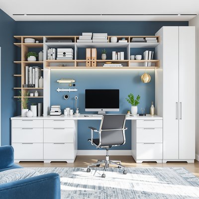 Modernes Home-Office mit ergonomischer Einrichtung, blauen Akzenten und schlanken Stauraumlösungen