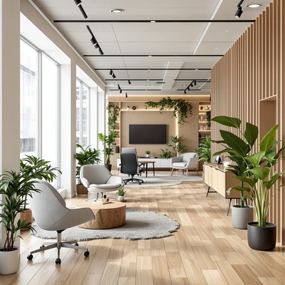 Stilvolles Firmenbüro mit ergonomischen Sitzmöglichkeiten, Holztexturen und grünen Pflanzen