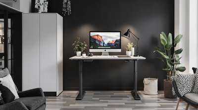 Kompaktes Home-Office mit ergonomischem Stehpult und monochromem Thema