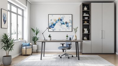 Modernes Home-Office mit ergonomischer Einrichtung, blauen Akzenten und schlanken Stauraumlösungen