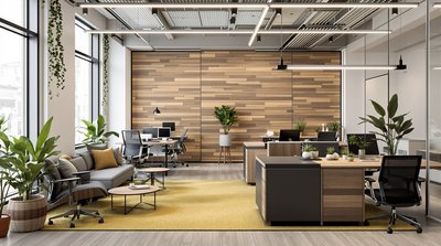 Stilvolles Firmenbüro mit ergonomischen Sitzmöglichkeiten, Holztexturen und grünen Pflanzen