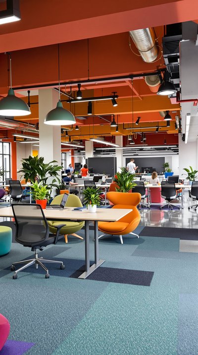 Co-Working-Space mit ergonomischen Möbeln, lebhaften Farben und offenem Grundriss