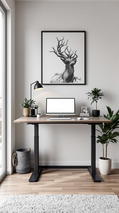 Kompaktes Home-Office mit ergonomischem Stehpult und monochromem Thema