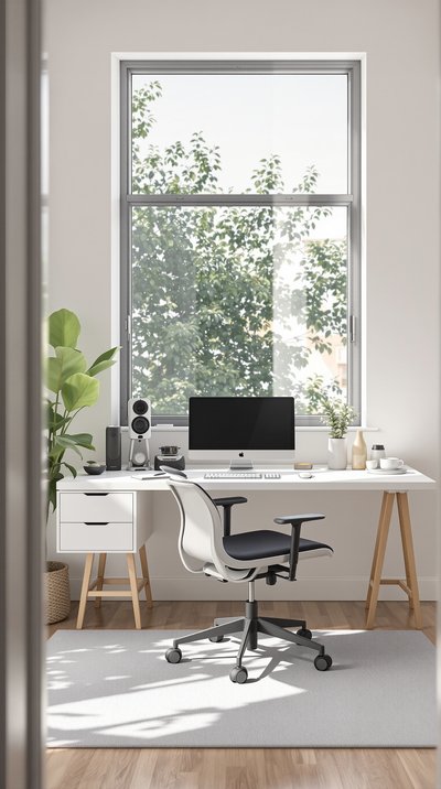 Minimalistisches Home-Office mit ergonomischem Schreibtischstuhl und natürlichem Licht