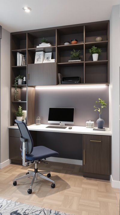 Modernes Home-Office mit ergonomischer Einrichtung, blauen Akzenten und schlanken Stauraumlösungen