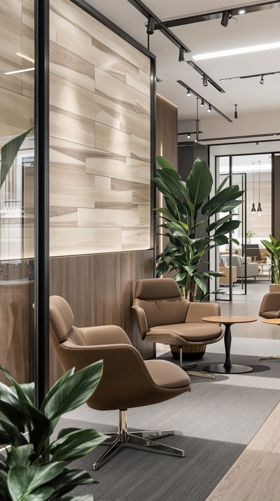 Stilvolles Firmenbüro mit ergonomischen Sitzmöglichkeiten, Holztexturen und grünen Pflanzen