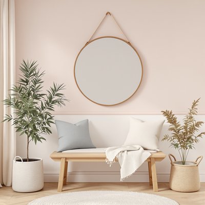 Gemütlicher und einladender Pastellflur mit einem runden Spiegel und einer Holzbank.