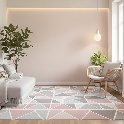 Moderner Flur in Pastelltönen mit einem Teppich mit geometrischem Muster und minimalistischer Beleuchtung.