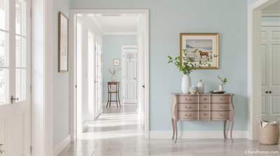 Helle, geräumige Diele in Pastelltönen mit einer Vintage-Konsolentisch.