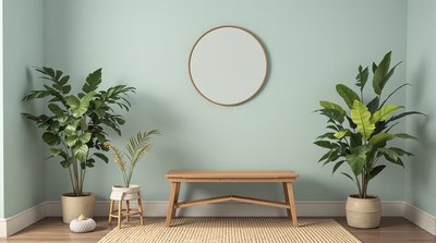 Gemütlicher und einladender Pastellflur mit einem runden Spiegel und einer Holzbank.