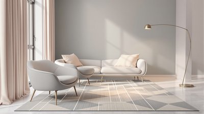 Moderner Flur in Pastelltönen mit einem Teppich mit geometrischem Muster und minimalistischer Beleuchtung.