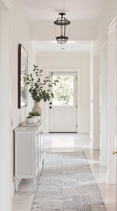 Helle, geräumige Diele in Pastelltönen mit einer Vintage-Konsolentisch.