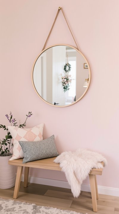 Gemütlicher und einladender Pastellflur mit einem runden Spiegel und einer Holzbank.