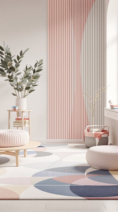 Moderner Flur in Pastelltönen mit einem Teppich mit geometrischem Muster und minimalistischer Beleuchtung.