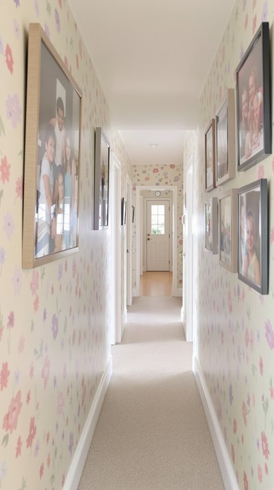 Schmaler, länglicher Korridor mit Pastelltapete und aufgehängten Familienfotos.