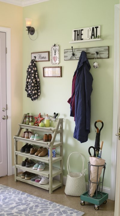Pastellfarbener Eingangsbereich mit einem rustikalen Schuhregal, Garderobenständer und Regenschirmhalter.