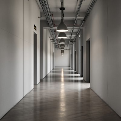 Minimalistischer Industrieflur mit poliertem Betonboden und hängenden Pendelleuchten