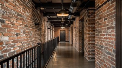 Industriell gestalteter Flur mit freiliegenden Ziegelwänden und dunklen Eisenakzenten