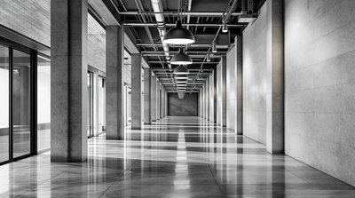 Minimalistischer Industrieflur mit poliertem Betonboden und hängenden Pendelleuchten