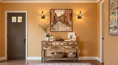 Warm getönter Industrieflur mit Fabrikstil-Wandleuchten und abgenutztem Holz-Konsolentisch