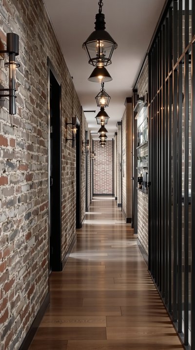 Industriell gestalteter Flur mit freiliegenden Ziegelwänden und dunklen Eisenakzenten
