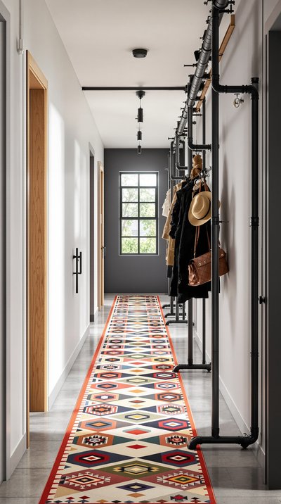 Industriekorridor mit Stahlrohren als Garderobe und kühnem, geometrisch gemustertem Teppich