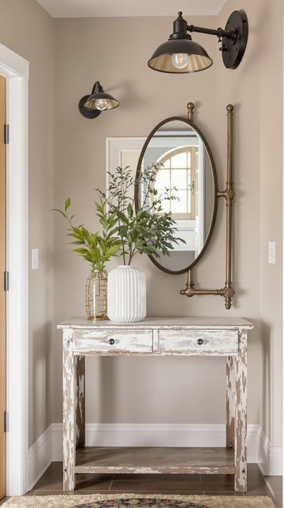 Warm getönter Industrieflur mit Fabrikstil-Wandleuchten und abgenutztem Holz-Konsolentisch