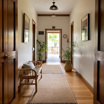 Gemütlicher Flur mit einer Bambusbank und einem Juteteppich.