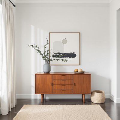 Minimalistischer Eingangsbereich mit einer Teakholz-Konsolentisch und Leinenvorhängen.