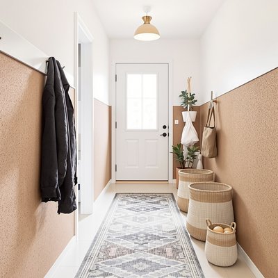 Schmales Flurdesign mit Korkwandakzenten und Rattanaufbewahrungskörben.