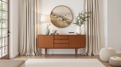 Minimalistischer Eingangsbereich mit einer Teakholz-Konsolentisch und Leinenvorhängen.