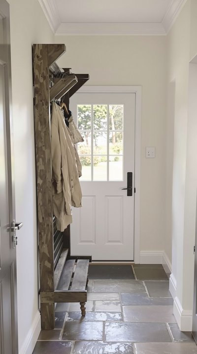 Helle Diele mit Steinboden und rustikalem Holzgarderobenständer.
