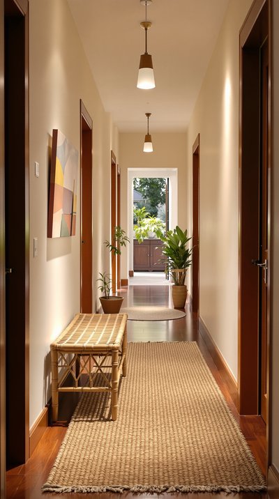 Gemütlicher Flur mit einer Bambusbank und einem Juteteppich.