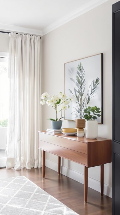 Minimalistischer Eingangsbereich mit einer Teakholz-Konsolentisch und Leinenvorhängen.