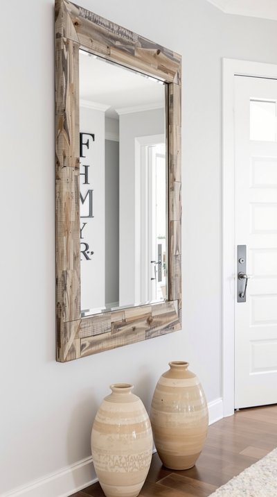 Moderner Flur im Bauernhausstil mit Spiegel aus wiederverwendetem Holz und Tongefäßvase.