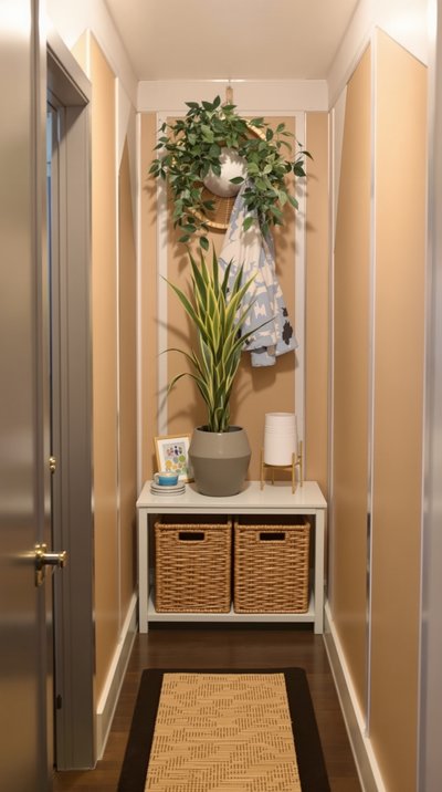 Schmales Flurdesign mit Korkwandakzenten und Rattanaufbewahrungskörben.