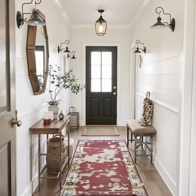 Charmanter Flur mit rustikaler Dekoration, einem abgenutzten Teppich und Metallwandleuchten