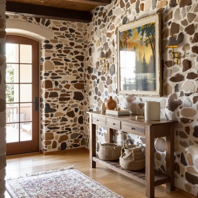 Gemütlicher, rustikaler Flur mit Steinwänden und hölzernem Konsolentisch