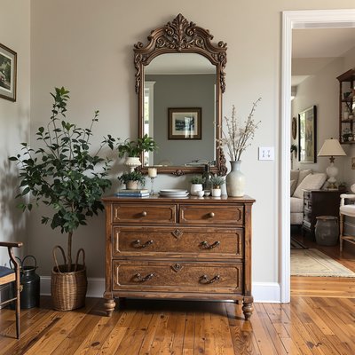 Flur mit rustikalem Charme, Hartholzböden und einem Vintage-Spiegel