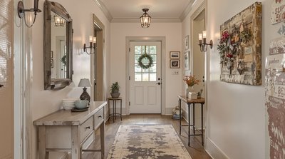 Charmanter Flur mit rustikaler Dekoration, einem abgenutzten Teppich und Metallwandleuchten