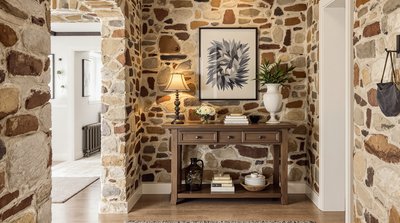 Gemütlicher, rustikaler Flur mit Steinwänden und hölzernem Konsolentisch