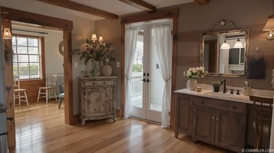 Flur mit rustikalem Charme, Hartholzböden und einem Vintage-Spiegel