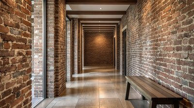 Rustikaler Flur mit freiliegenden Ziegelwänden und hölzerner Bank